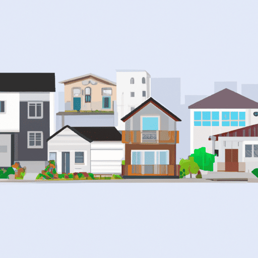 המחשה של סוגים שונים של נכסים למגורים כגון דירות, בתים עירוניים ובתים צמודי קרקע.